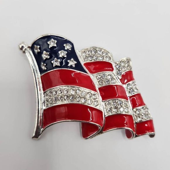 Waving American Flag Red Enamel Clear Rhinestones Silver Brooch Pin - Picture 1 of 6